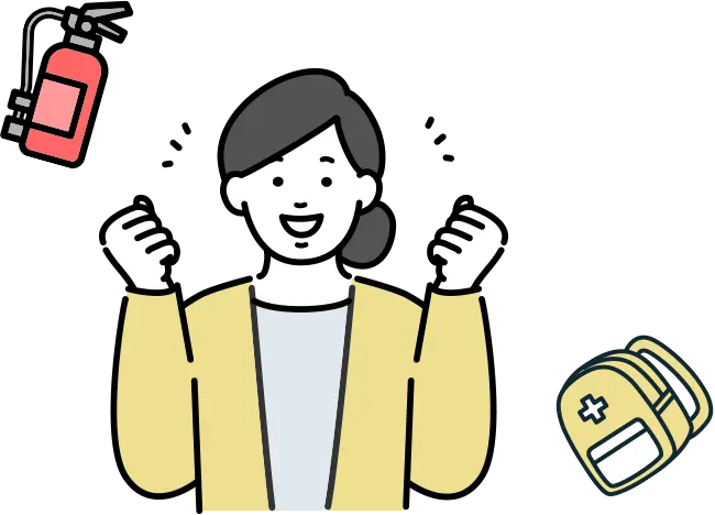 防災イベントがうまくいき、ガッツポーズをする女性のイラスト