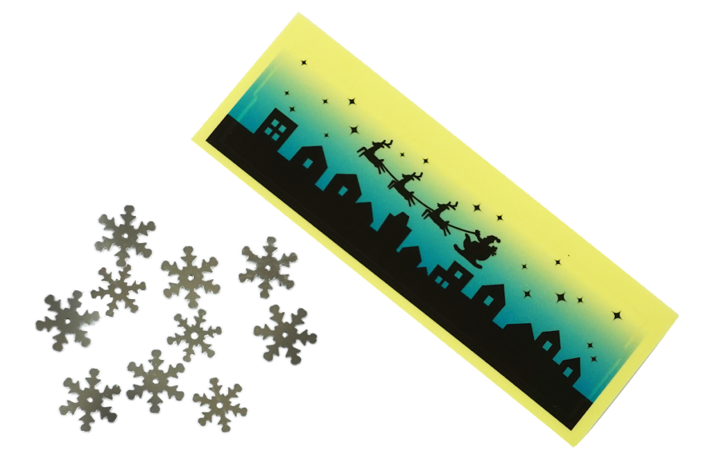 『光る！ウォータースティックライト』クリスマスバージョンに付属する雪の結晶やサンタのデザインパーツ
